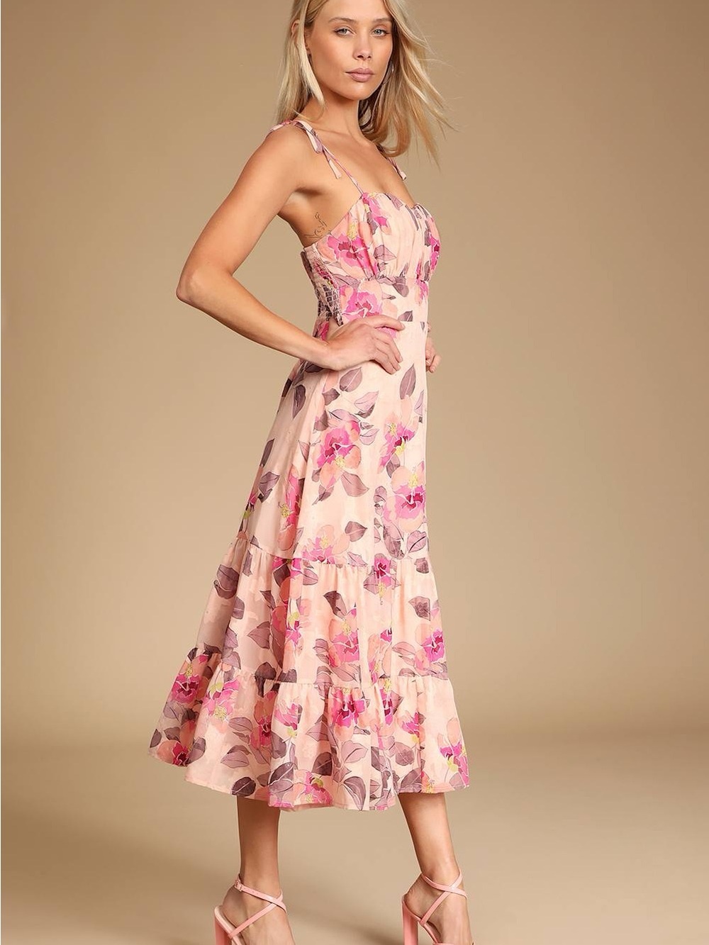 NWT Lulus Tea Party Chic Pink Floral Print Tie-Strap Tiered Midi Dress M - Picture 3 of 9